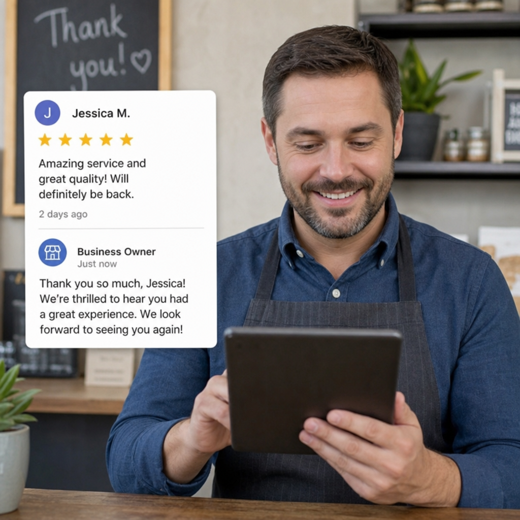 Business owner responding to a five-star customer review on a tablet device
