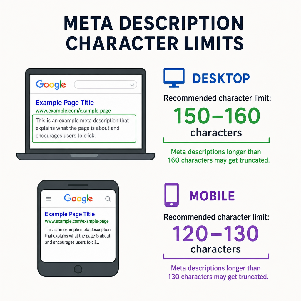 Graphic showing the character limits for desktop and mobile meta descriptions