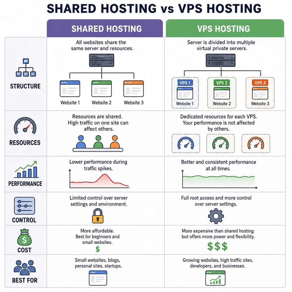 Comparison diagram showing the difference between shared hosting and VPS hosting