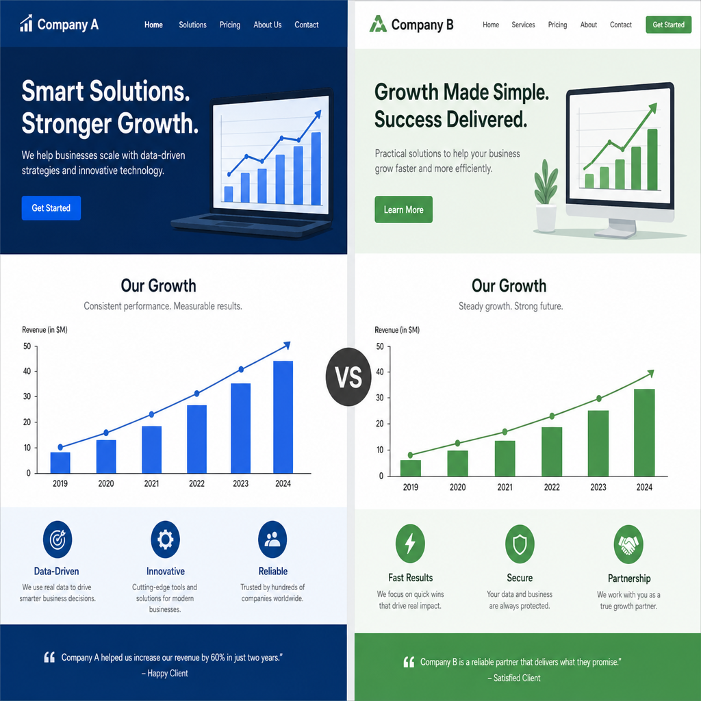 A split-screen comparison of two competing business websites with growth charts
