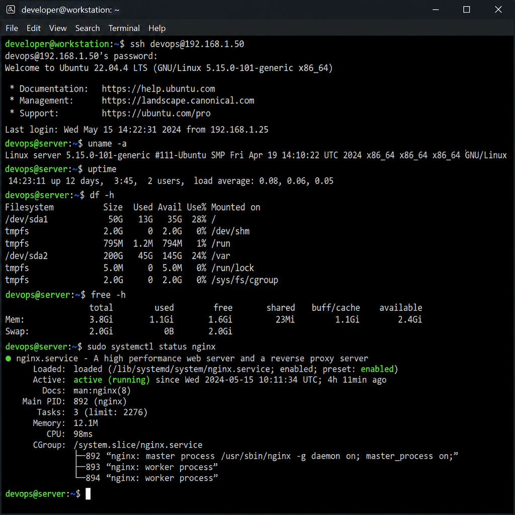 A developer using a command line interface to manage a Linux server via SSH