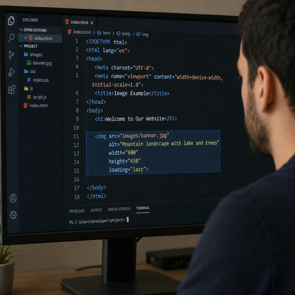 A developer inspecting HTML code on a computer screen focusing on image attributes in English