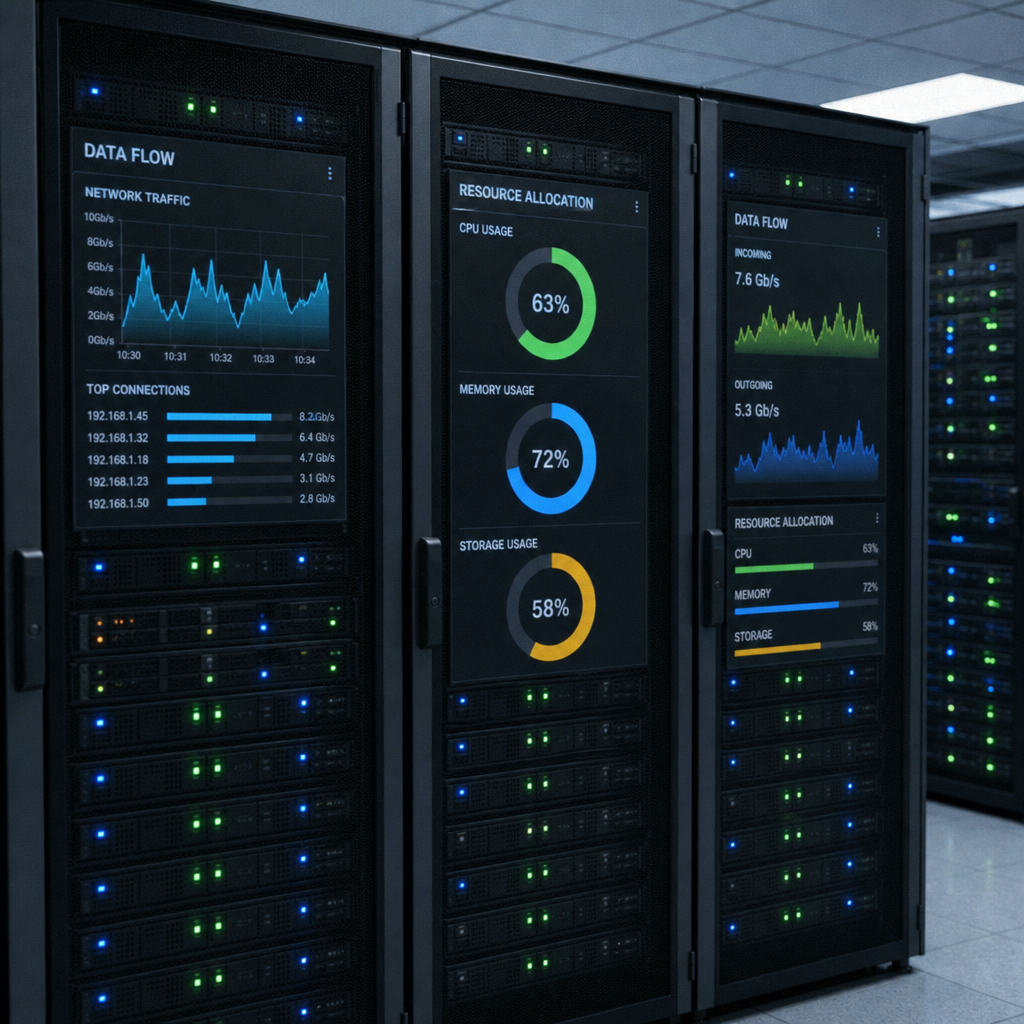 Server racks displaying data flow and resource allocation meters