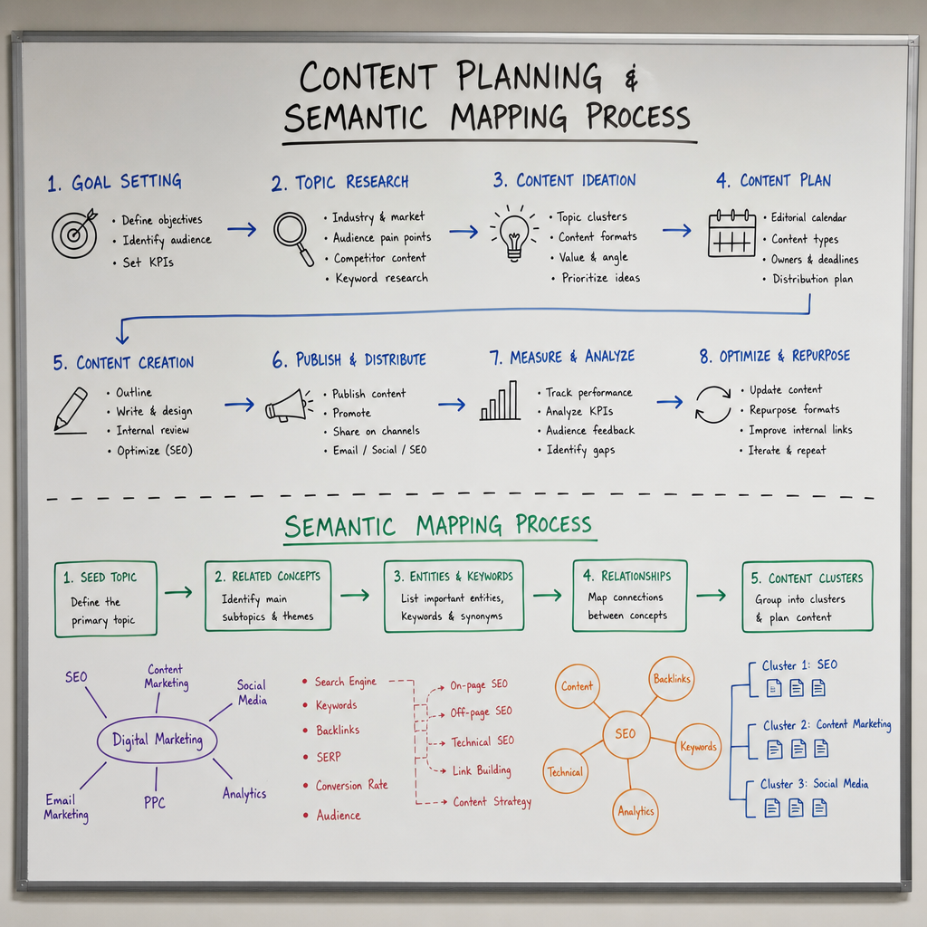 Content planning and semantic mapping process written on a modern office whiteboard
