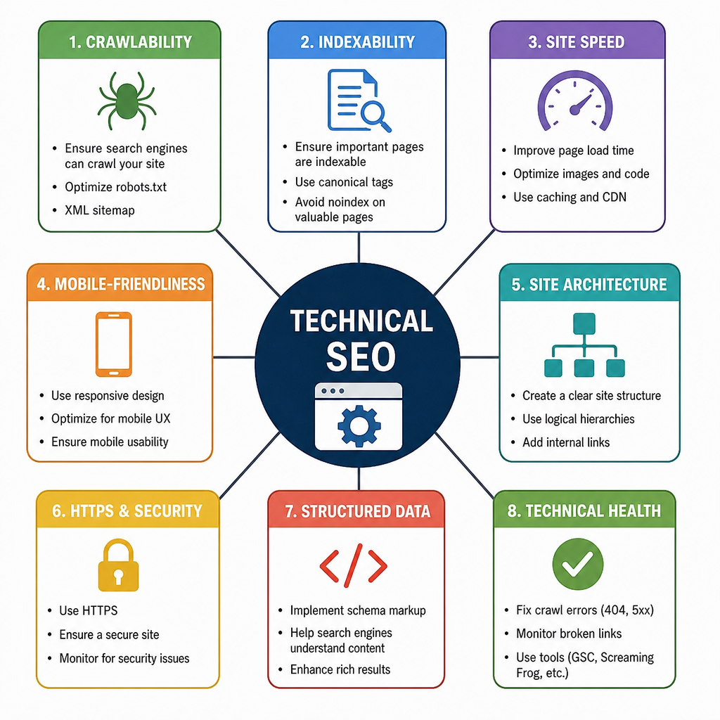 A diagram illustrating the components of technical SEO