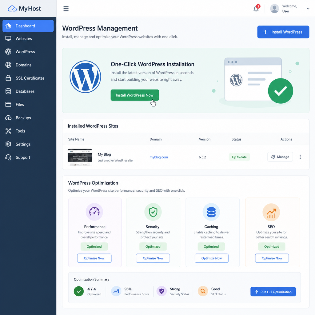 A dashboard illustrating one-click WordPress installation and optimization in English