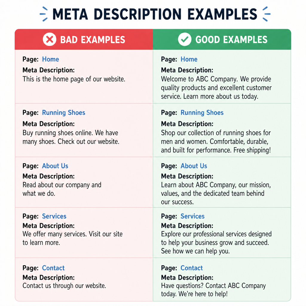 Comparison chart showing bad versus good meta description examples