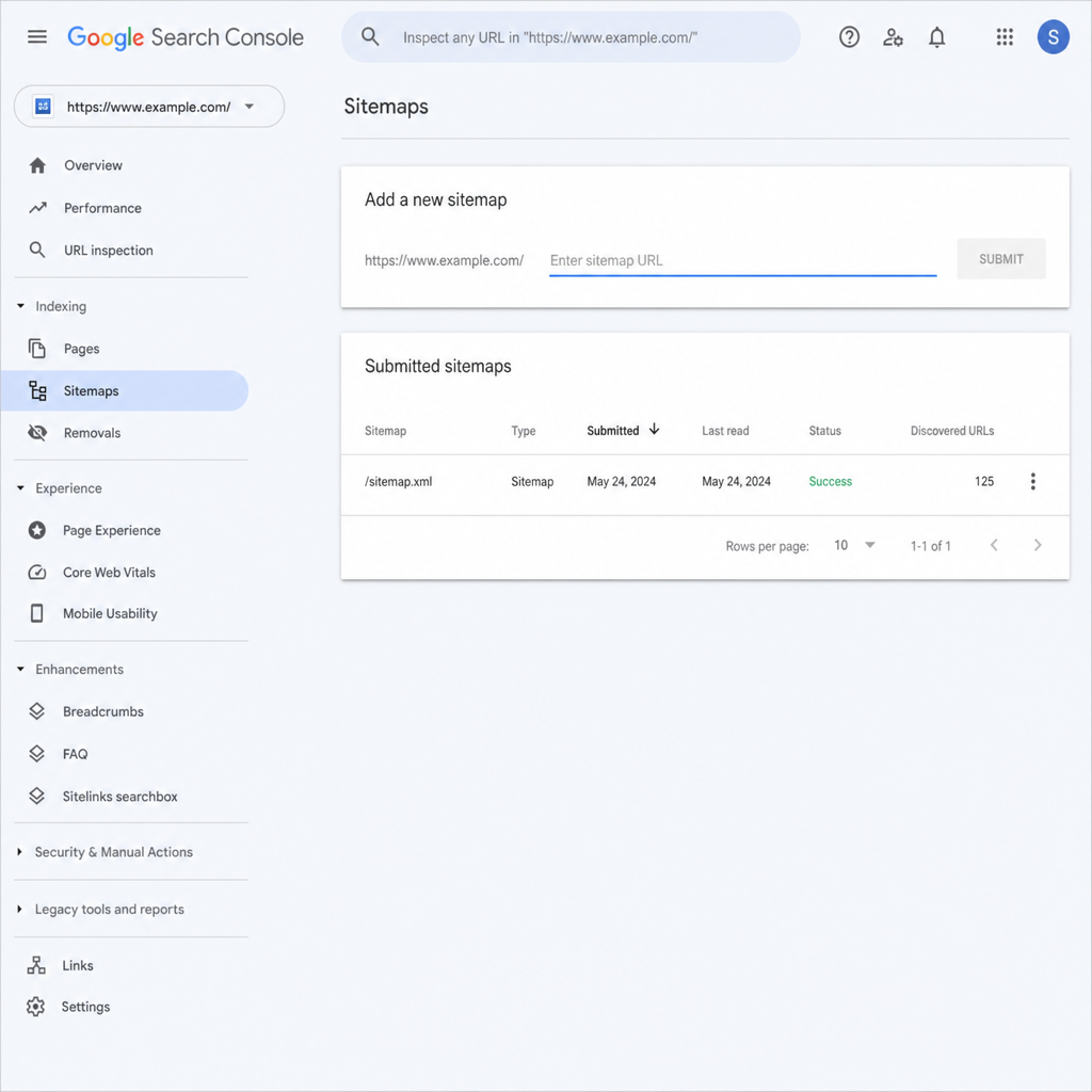 The Google Search Console interface showing the Sitemaps submission page with a green Success status indicator