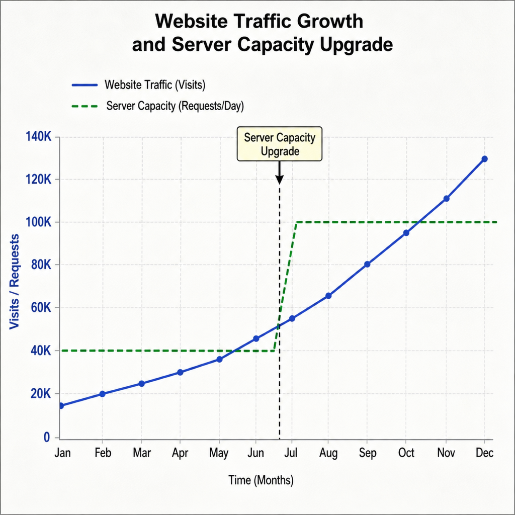 A graph showing website traffic growth alongside a server capacity upgrade