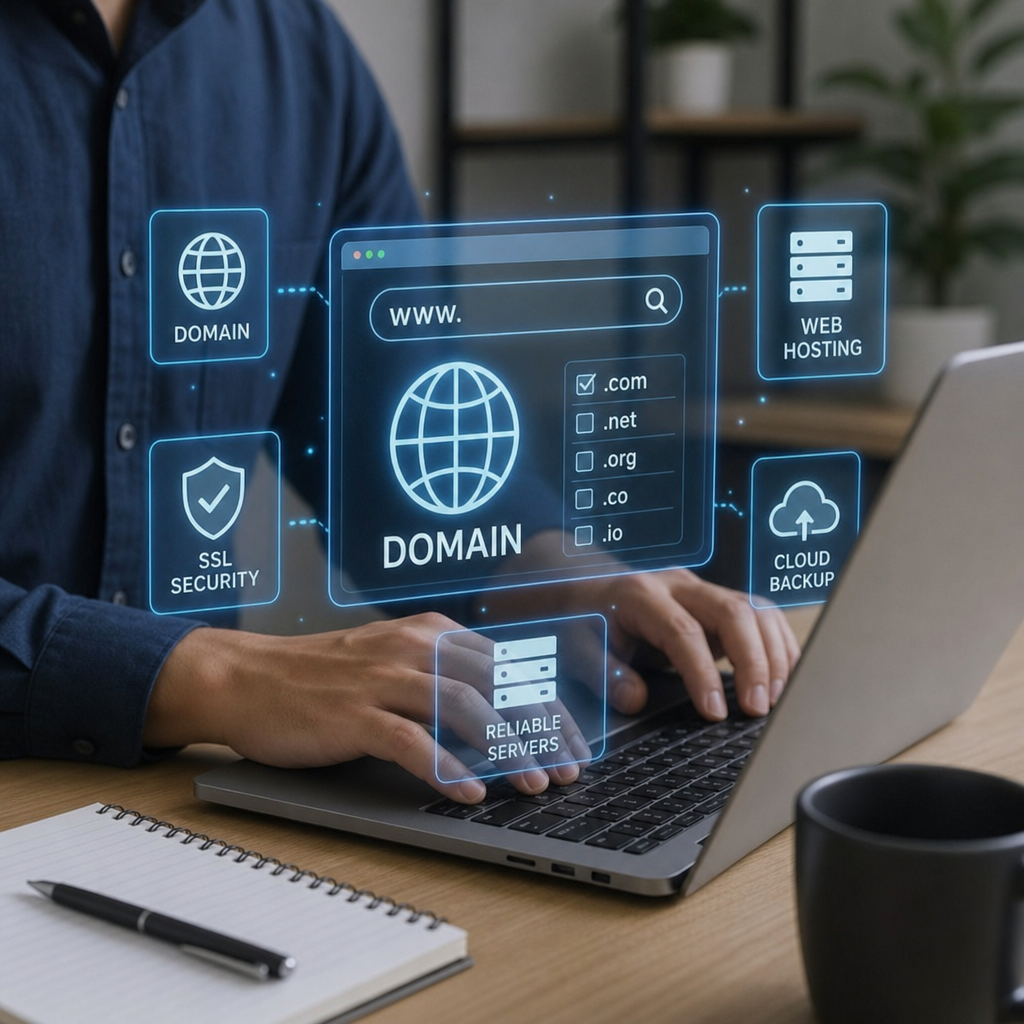 A person typing on a laptop with holographic domain and hosting icons floating above the screen in English