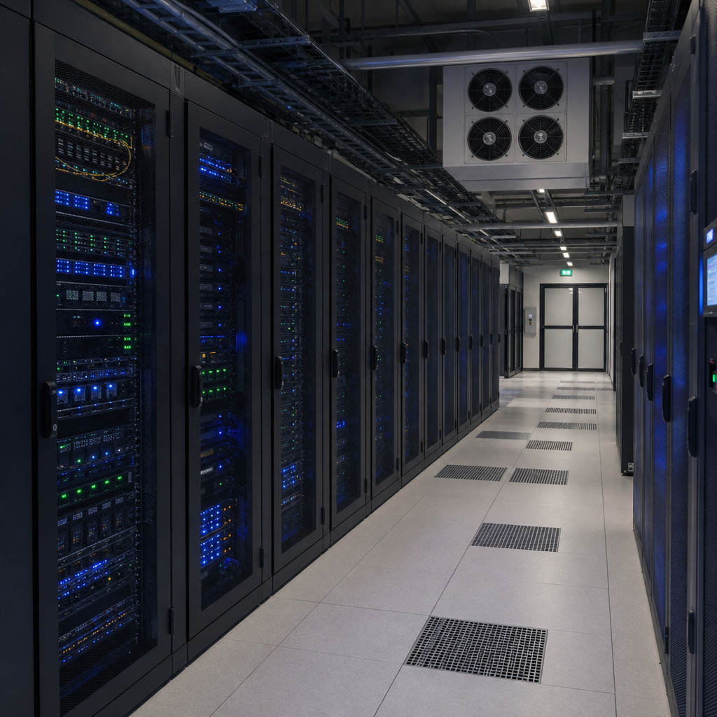Inside a modern data center with rows of illuminated server racks and cooling systems