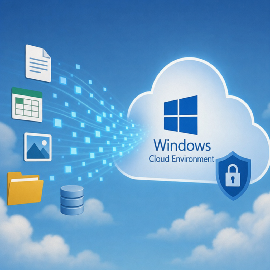Cloud computing concept showing data floating into a secure Windows cloud environment
