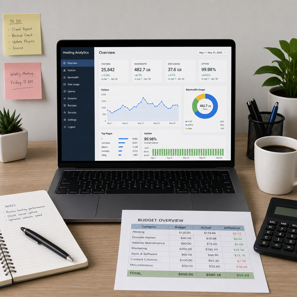 A professional workspace with a laptop showing web hosting analytics and a budget spreadsheet in English