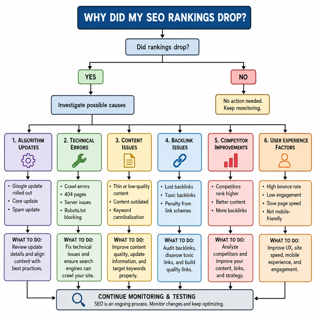 A troubleshooting flowchart showing reasons for dropping SEO rankings like algorithm updates and technical errors