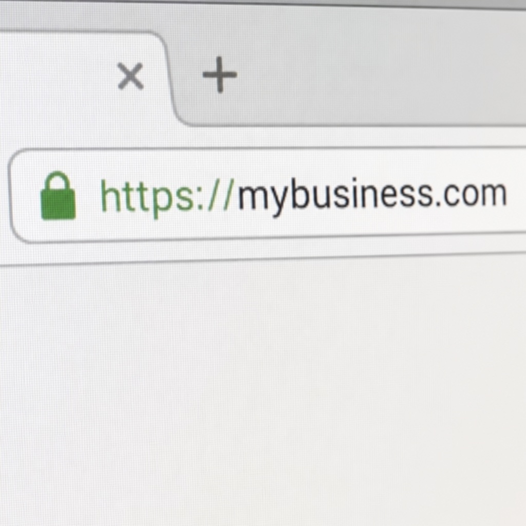 A close-up of a browser address bar showing a secure HTTPS connection and a custom domain