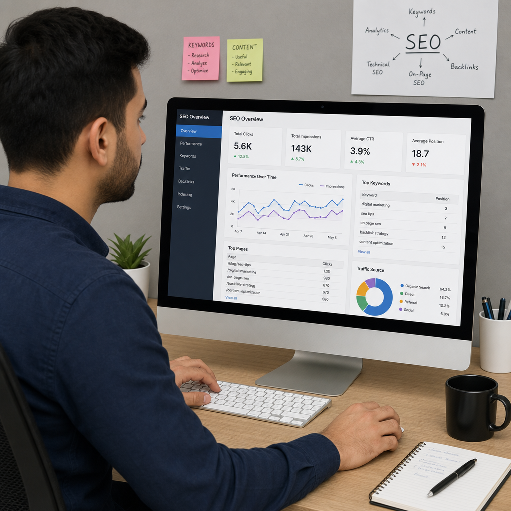 A digital marketer analyzing SEO metrics on a computer screen