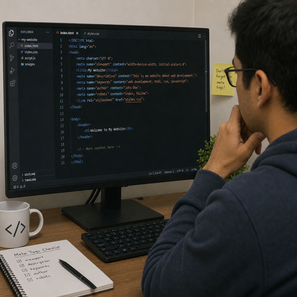 A developer troubleshooting HTML meta tags on a code editor