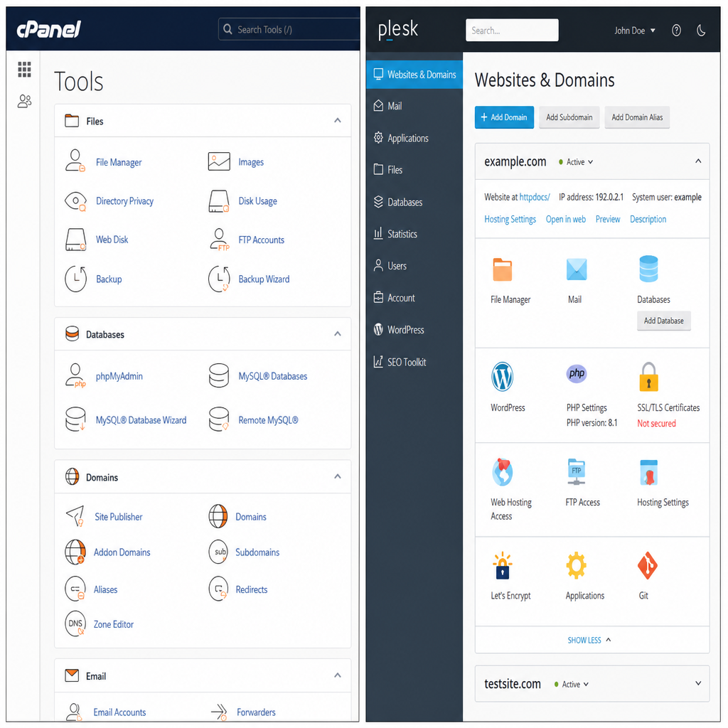 A split screen showing control panel options like cPanel and Plesk interfaces