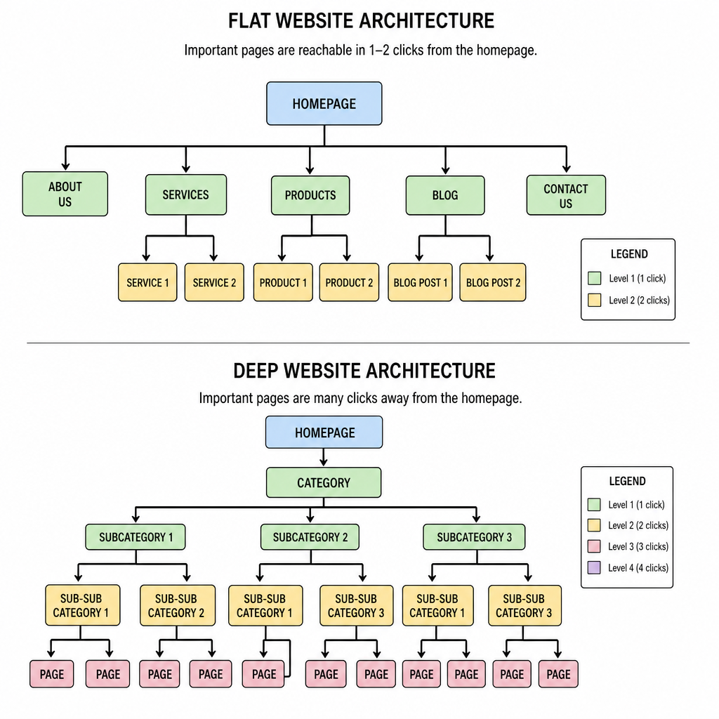 Diagram showing a flat versus deep website architecture in ENGLISH