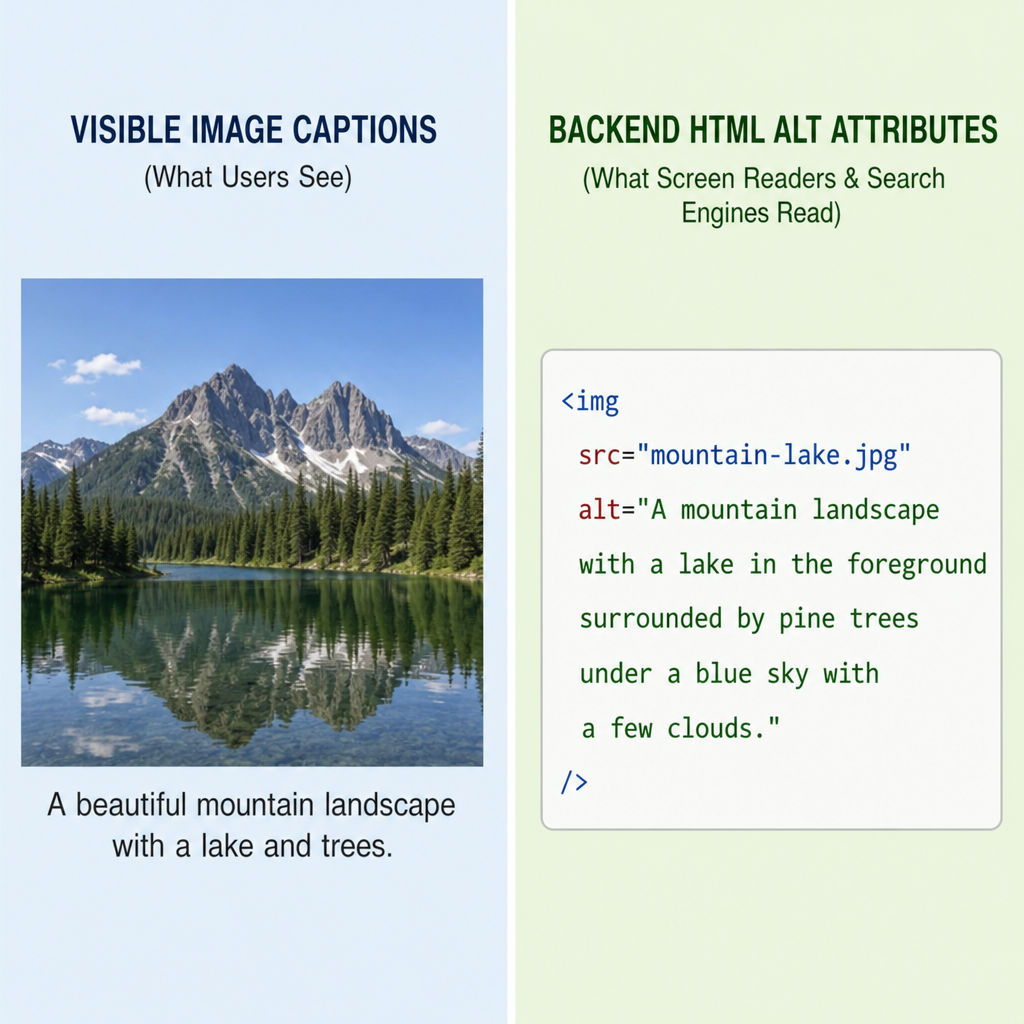 A split screen comparing visible image captions to backend HTML alt attributes in English