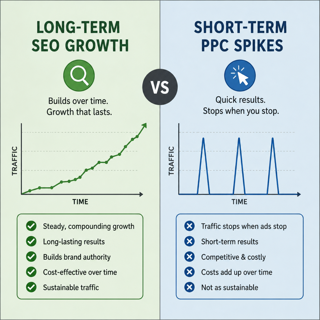 A split screen graphic comparing long-term SEO growth versus short-term PPC spikes in ENGLISH