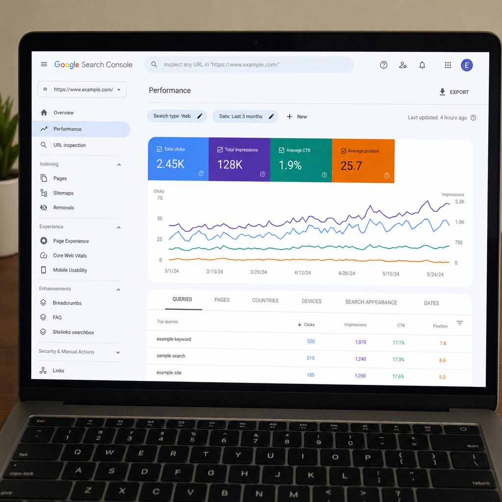 A laptop screen displaying Google Search Console analytics and performance charts in ENGLISH