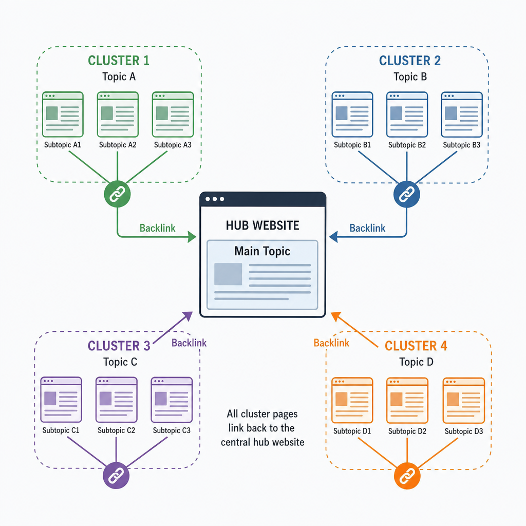 A visual representation of content clusters and backlinks pointing to a central hub website in {English}