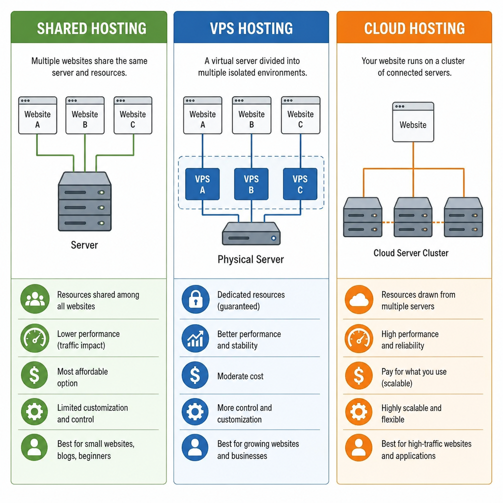 Comparison diagram showing shared, VPS, and cloud hosting environments