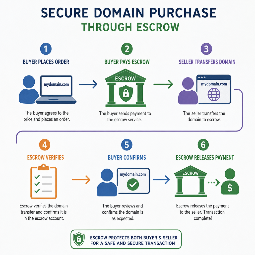 Graphic showing the secure transaction process of buying a domain name through escrow
