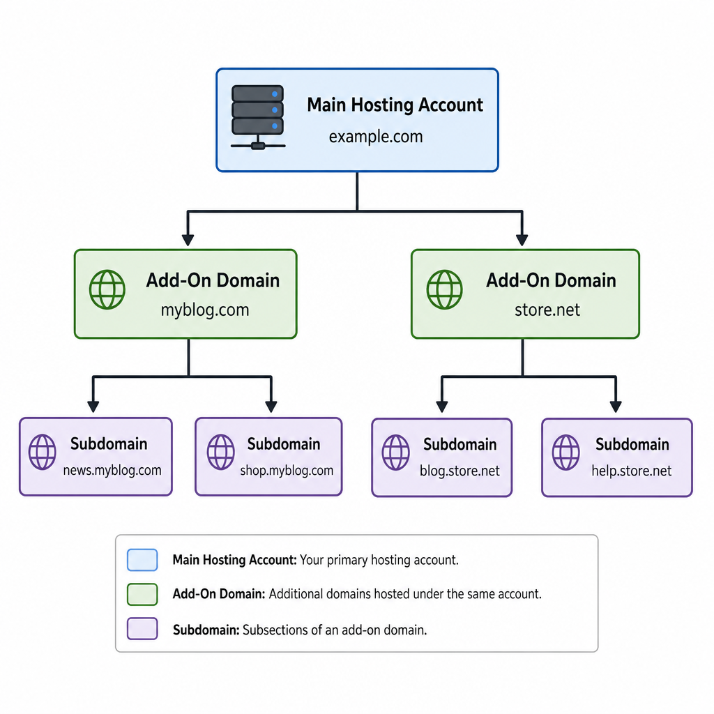 A flowchart showing a main hosting account branching off into add-on domains and subdomains in English