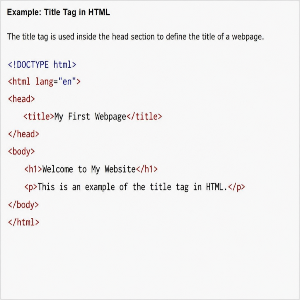 An HTML snippet showing an example of title tag in a webpage code