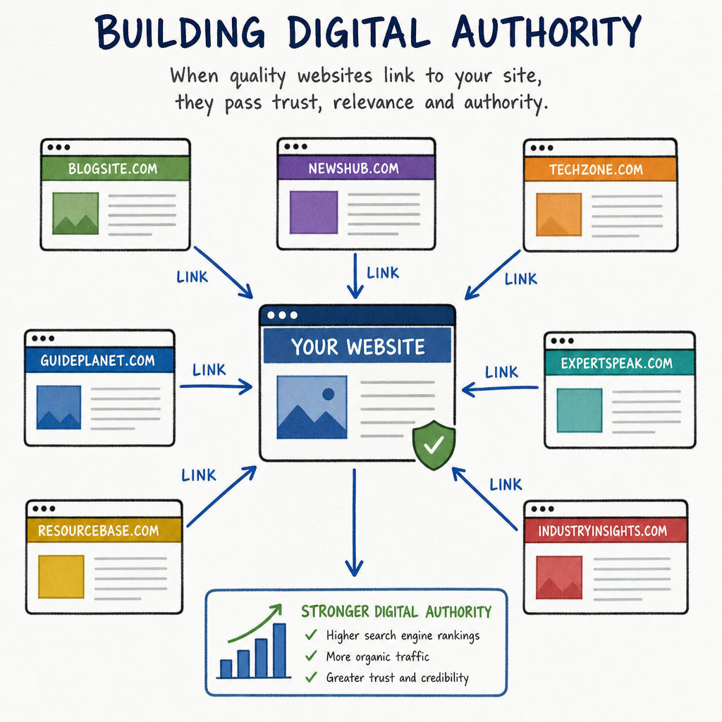 A conceptual illustration showing different websites linking together to build digital authority in ENGLISH