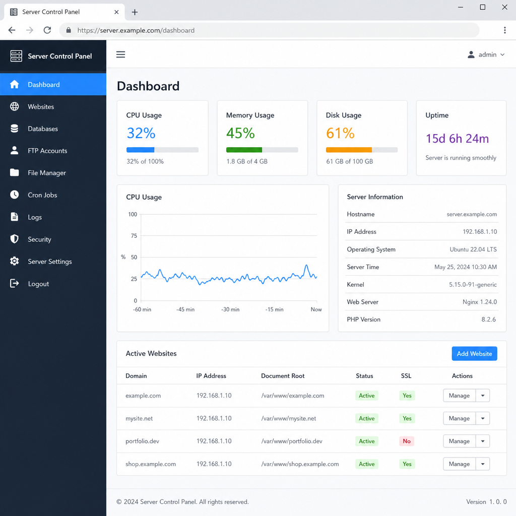 Screenshot of a server control panel dashboard showing CPU usage and active websites in ENGLISH