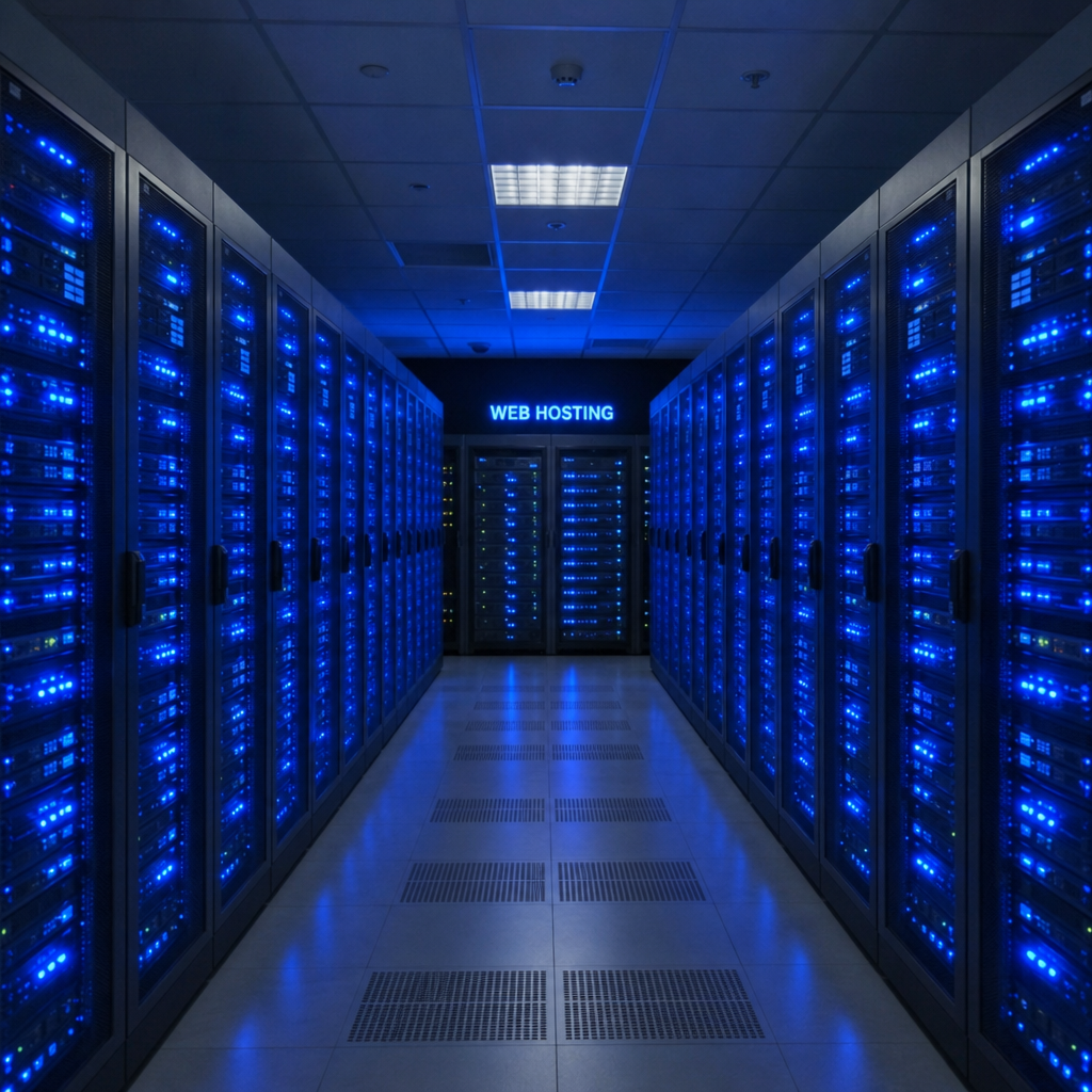 A server room with glowing blue lights representing web hosting infrastructure
