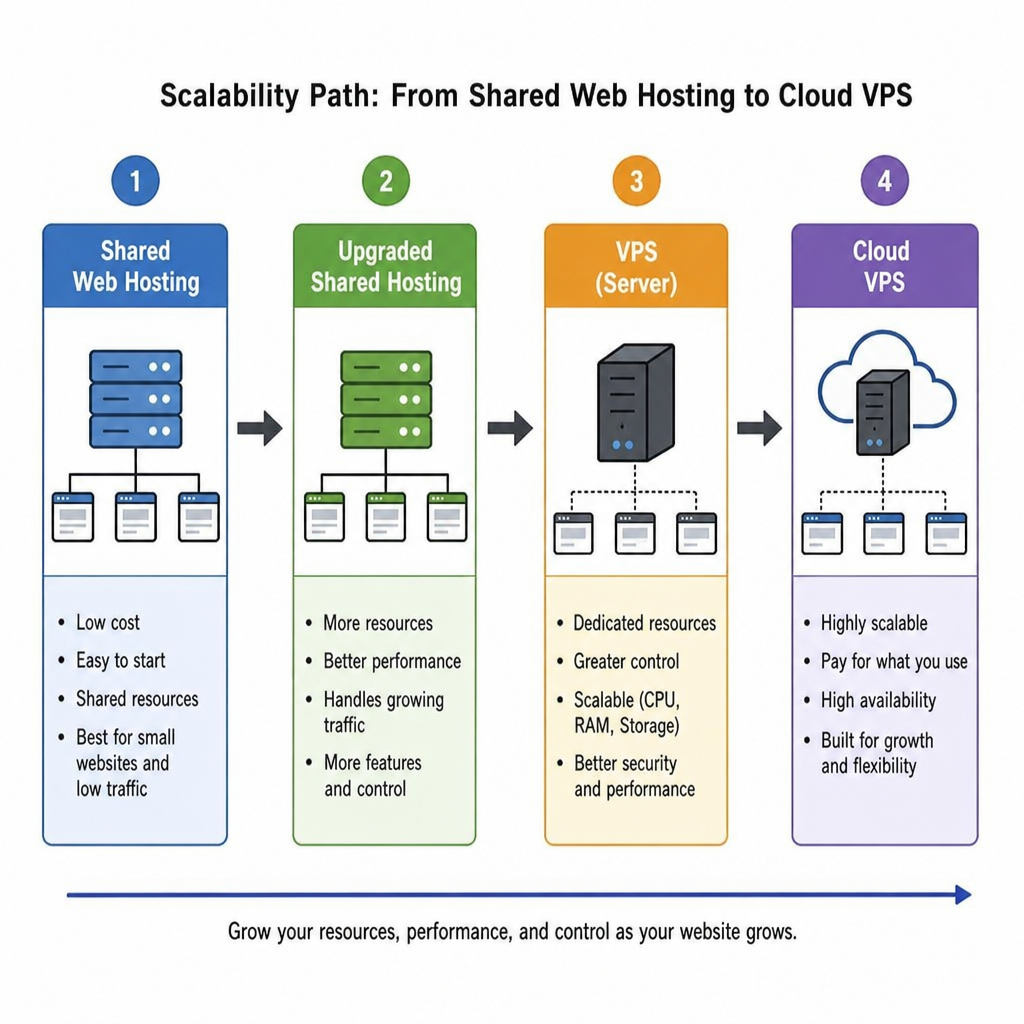 Flowchart illustrating the scalability path from shared web hosting to cloud VPS