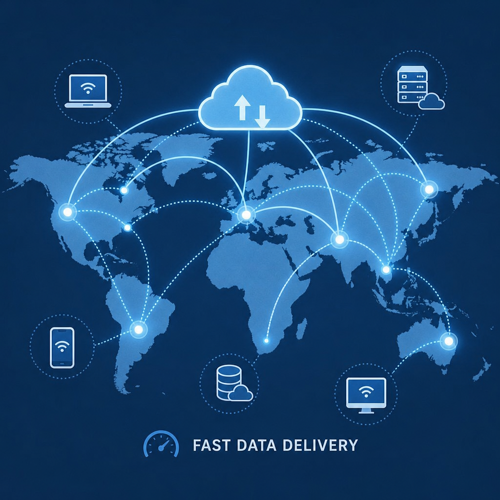 Global network map showing fast data delivery and cloud connectivity