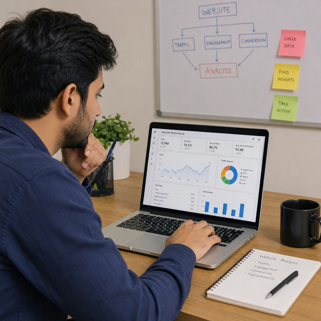 A professional digital marketer analyzing website performance manually on a laptop