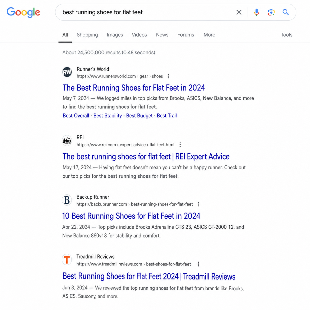 A user searching on Google and looking at search engine result pages (SERPs) emphasizing the blue clickable titles in English