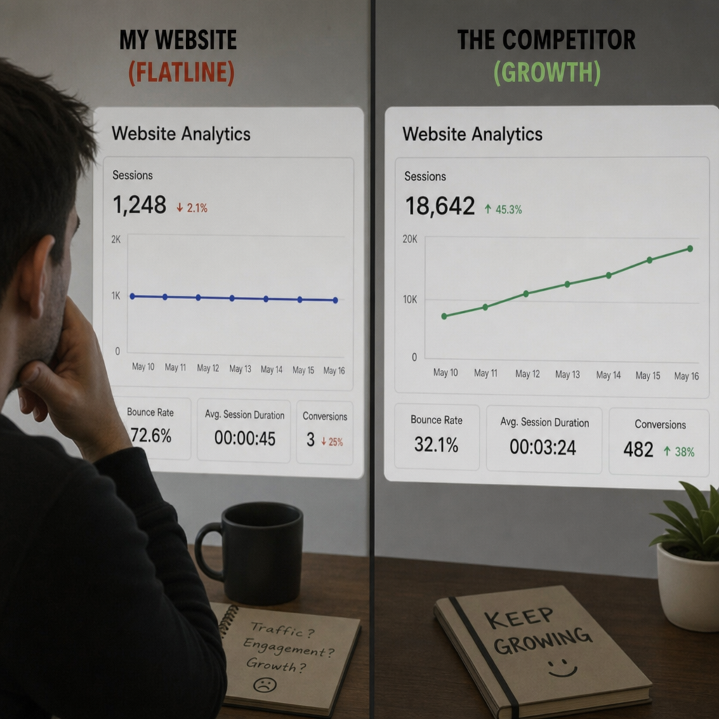 A person looking at website analytics showing a flatline, juxtaposed with a graph showing growth in {English}