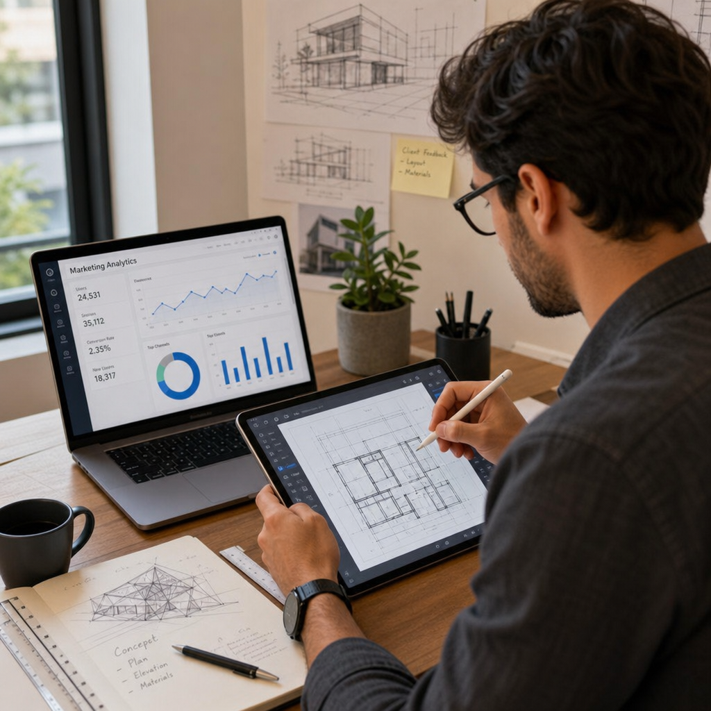 A modern architect working on digital blueprints on a tablet while reviewing marketing analytics on a laptop
