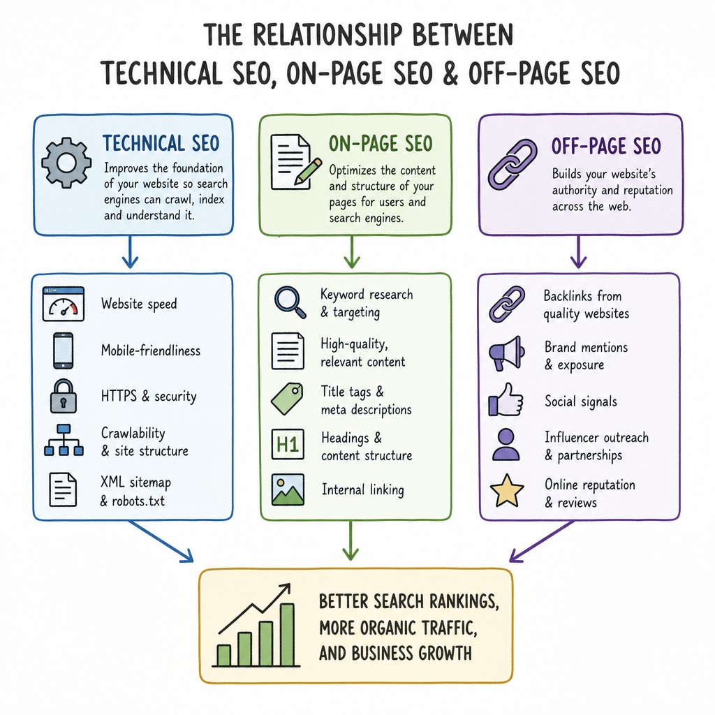 Illustration showing the relationship between technical SEO, on-page SEO, and off-page SEO in ENGLISH