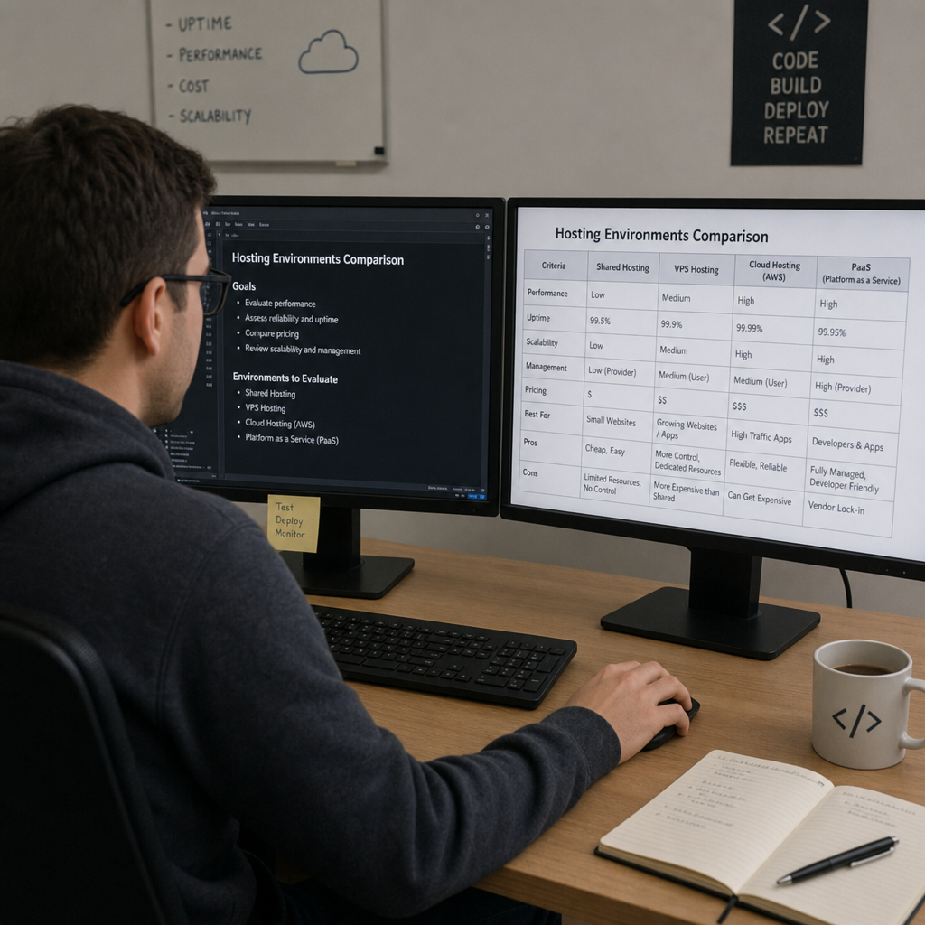 A developer evaluating different hosting environments on a dual-monitor setup in ENGLISH