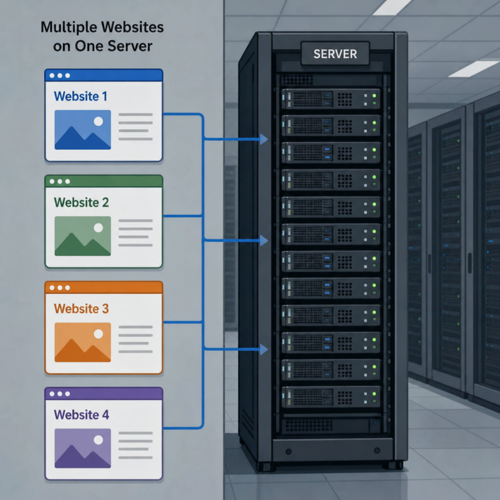 Illustration of multiple websites hosted on a single server rack in a data center