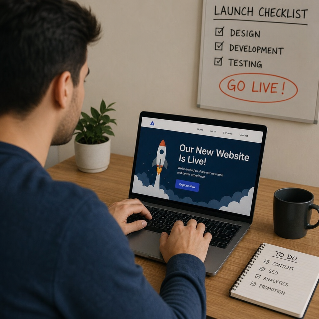 A person working on a laptop, launching a new website
