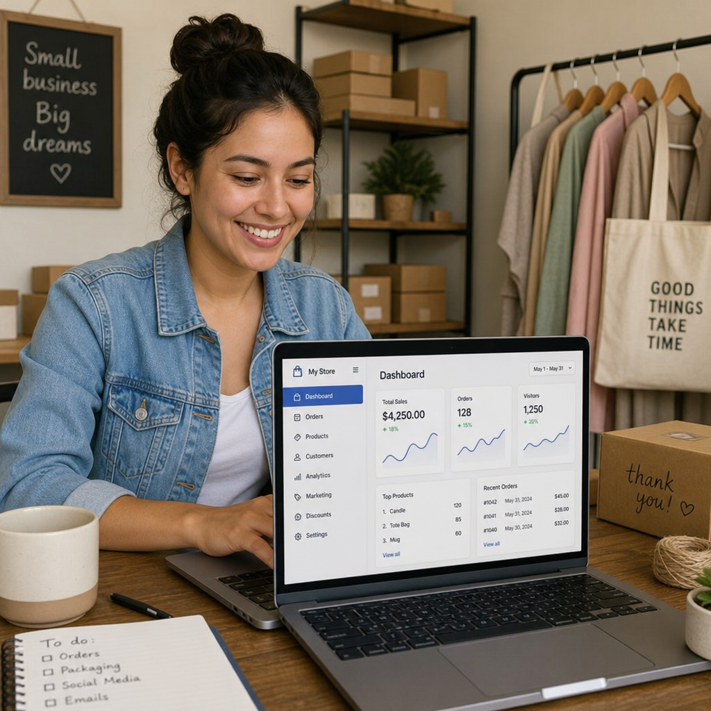 A small business owner happily working on a laptop with a website dashboard