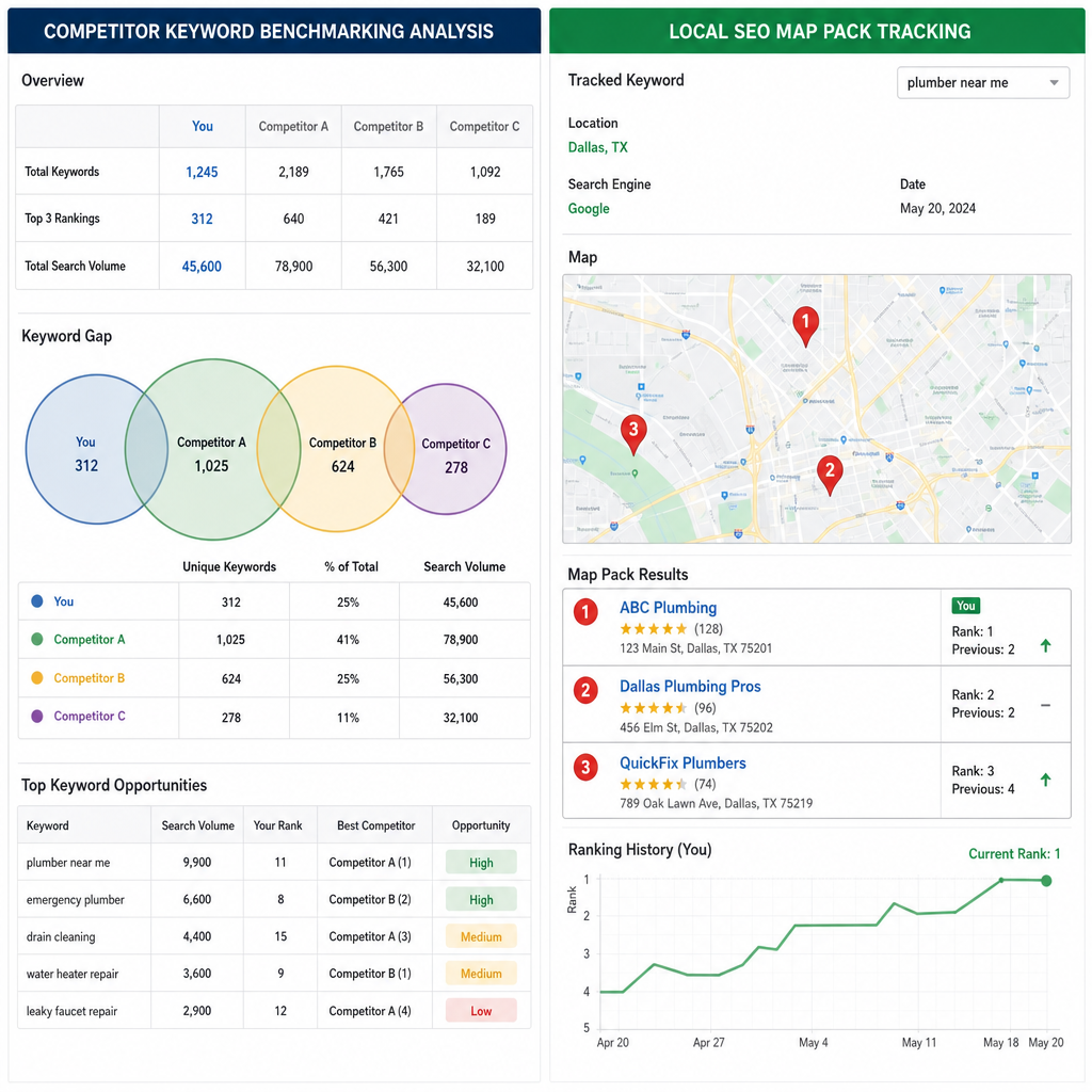 A split screen showing competitor keyword benchmarking analysis and local SEO map pack tracking