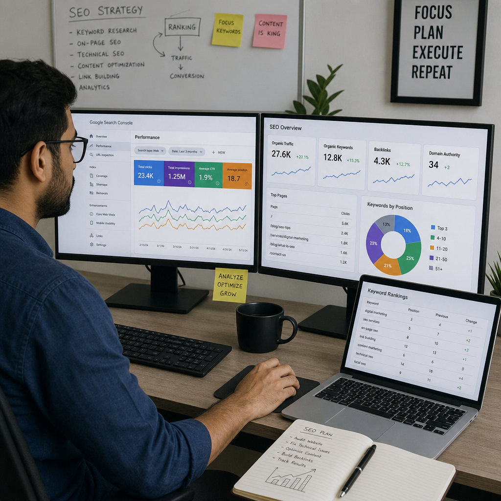 A digital marketer analyzing SEO performance on a multi-screen setup