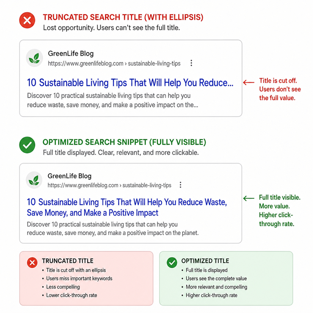 A visual comparison of a truncated search title with an ellipsis versus a perfectly optimized, fully visible search snippet in English