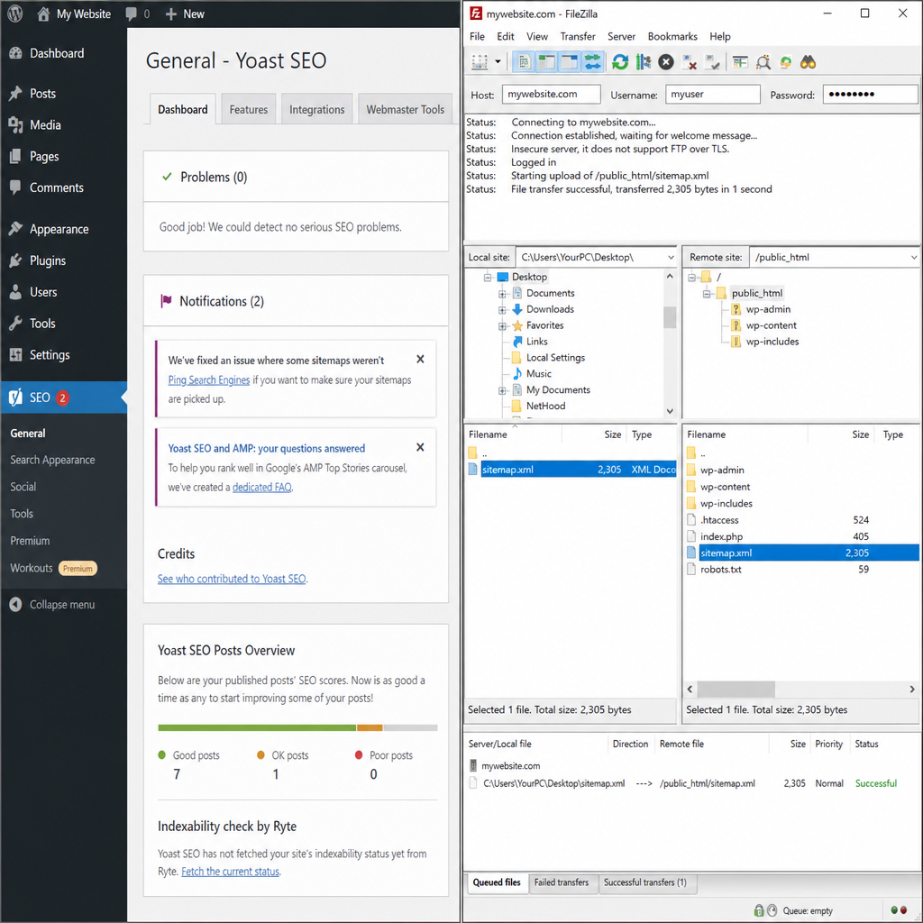A split screen showing a WordPress Yoast SEO dashboard on one side and an FTP client uploading a manual sitemap on the other