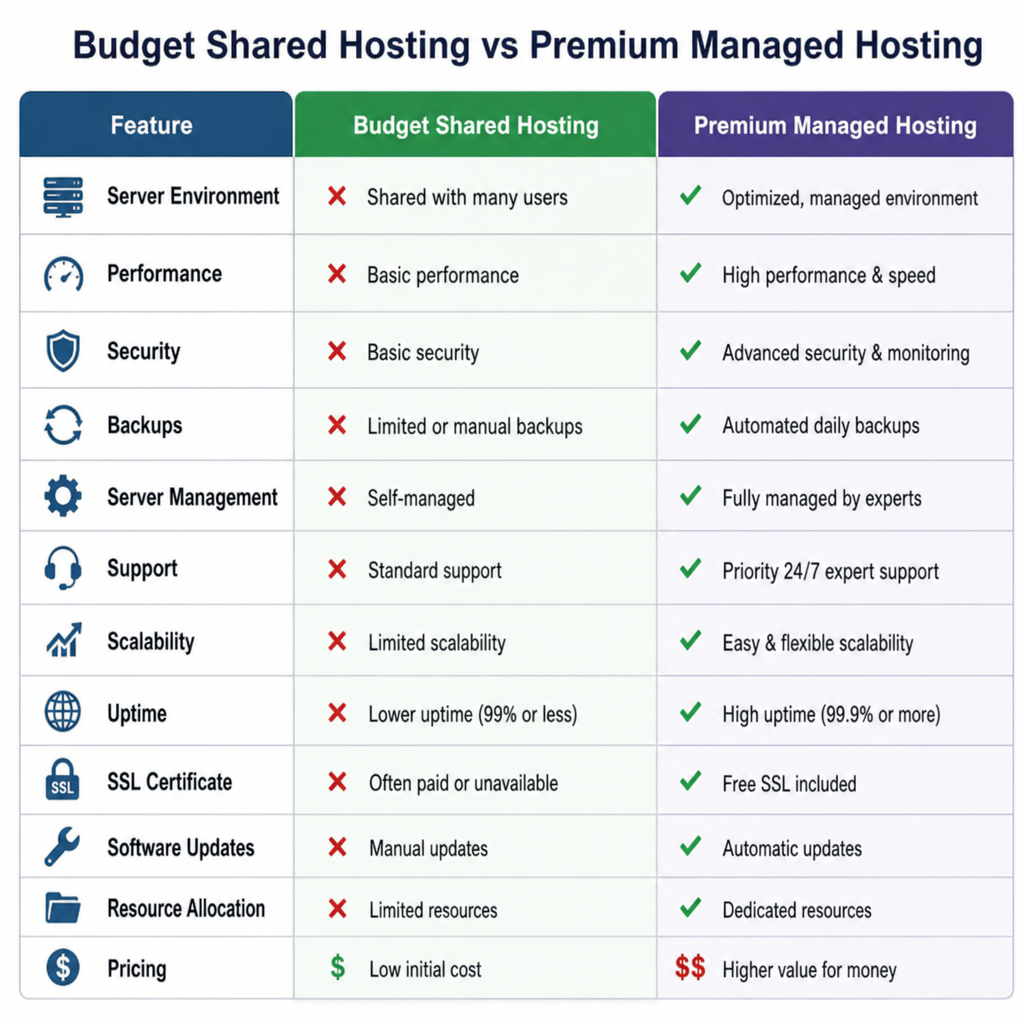 A comparison chart showing budget shared hosting versus premium managed hosting features in English